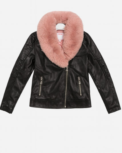 Xhaketë e Zezë për Vajza me Jakë Peliçe Rozë