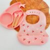 Set Ushqimi për Bebe prej Silikoni – Pjatë, Lugë & Pirun me Përparëse Mbajtëse