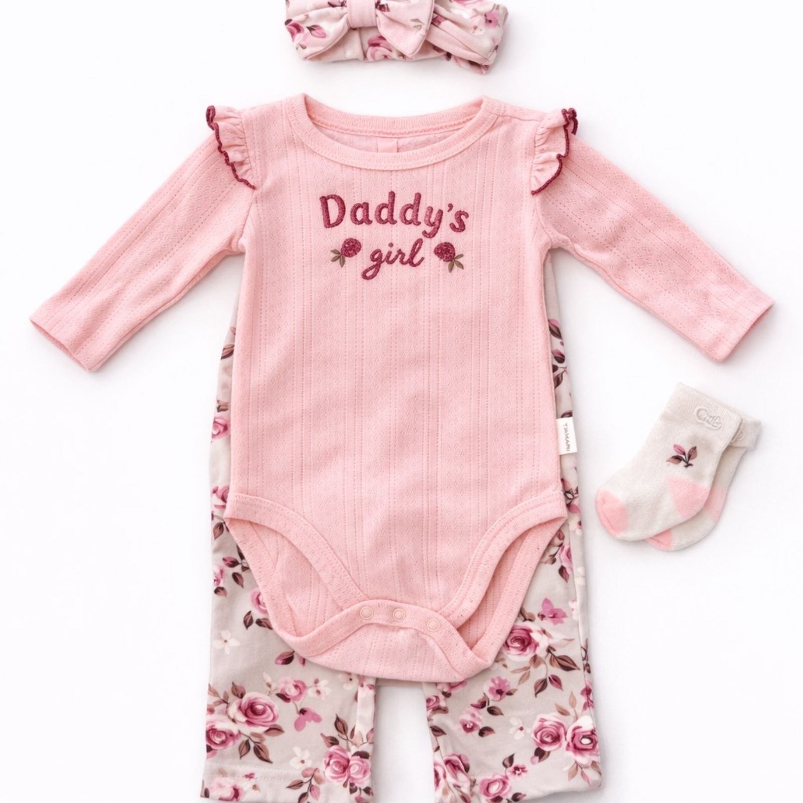 Set elegant për bebe vajza (Body + Pantallona + Shirit koke + Çorape)