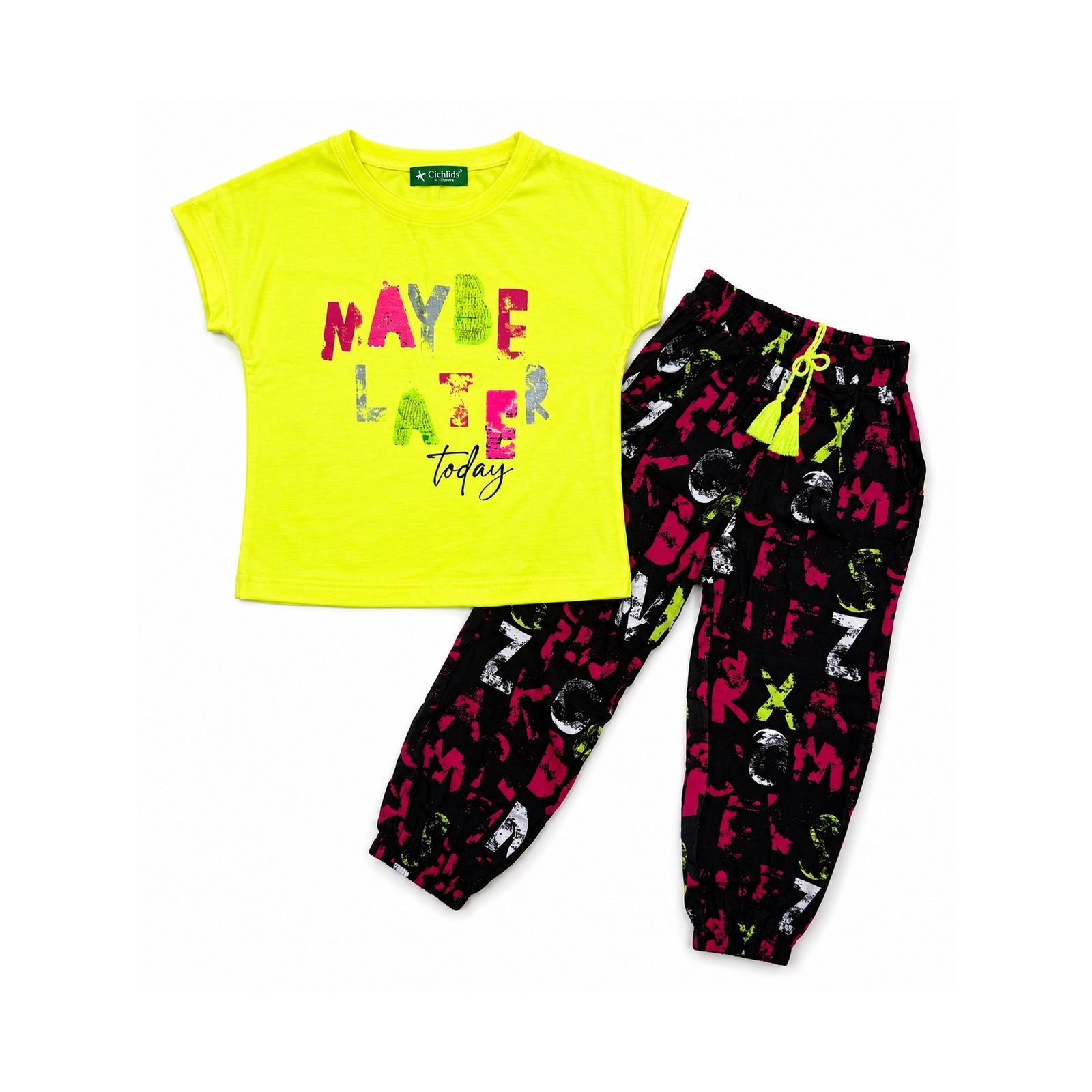 Set Modern për Vajza “Maybe Later Today” – Bluzë Neon dhe Pantallona Jogger me Print